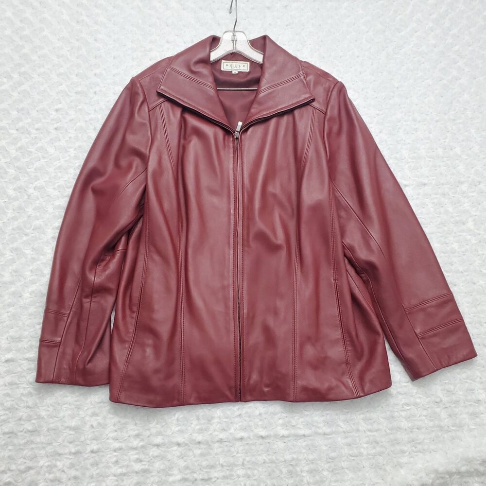 Pelle Studio VTG Womens Leather Jacket 2X Burgundy Full Zip Collared Coat Plus